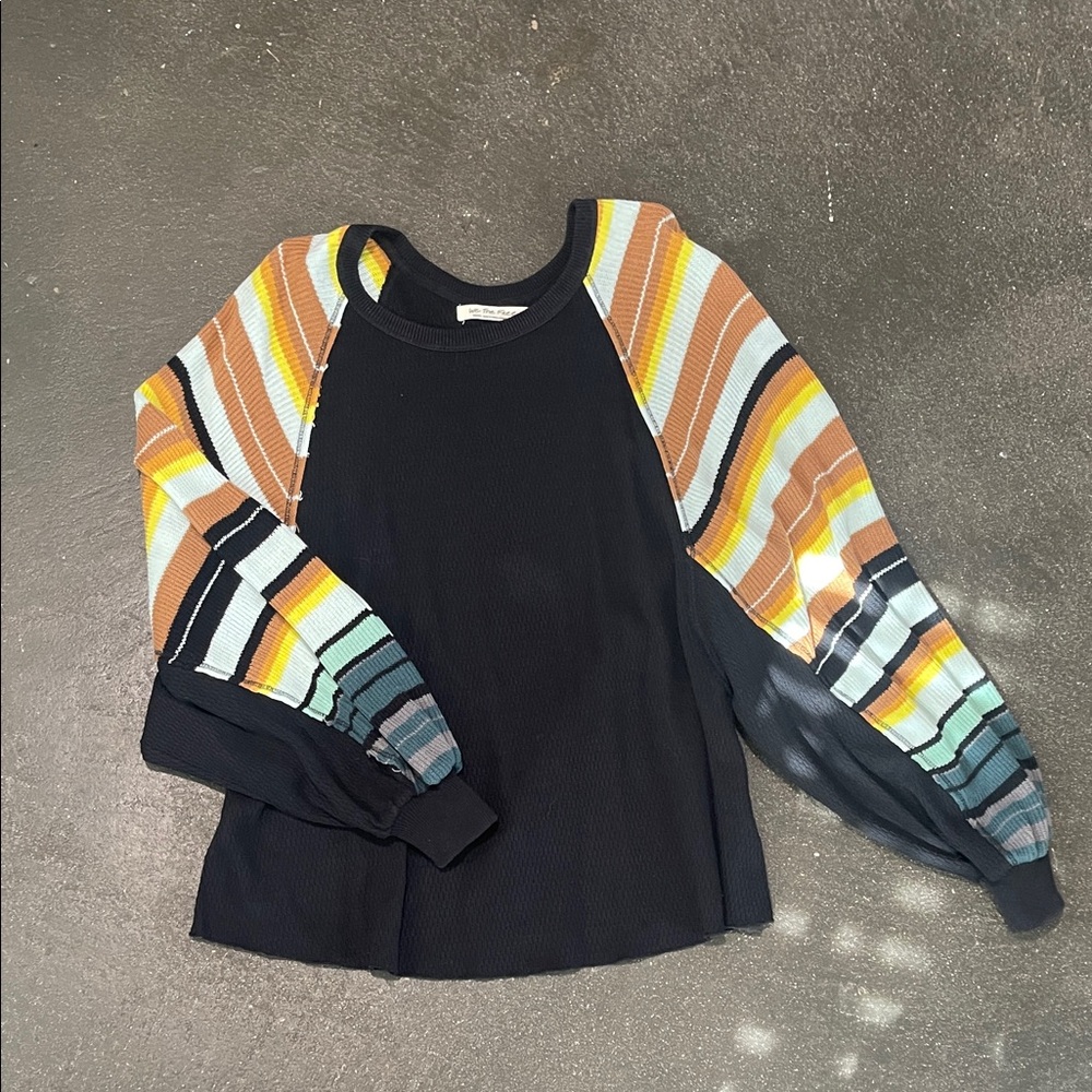We The Free Black Top with Striped Sleeves